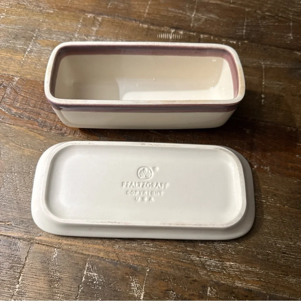 Pfaltzgraff junior Cream Butter Dish with Teal and mauve Bands